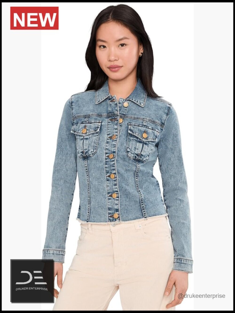 Medium Wash Stretch Denim Jacket with Raw Hem